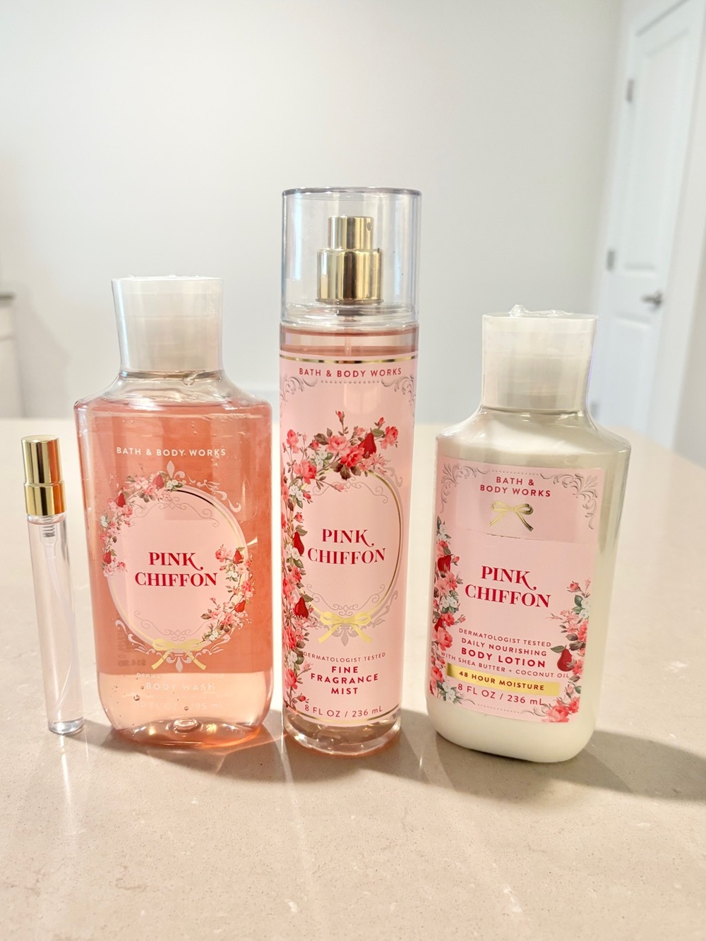 Bath & Body Works Pink Chiffon Mist Lotion Wash Set + Free Perfume